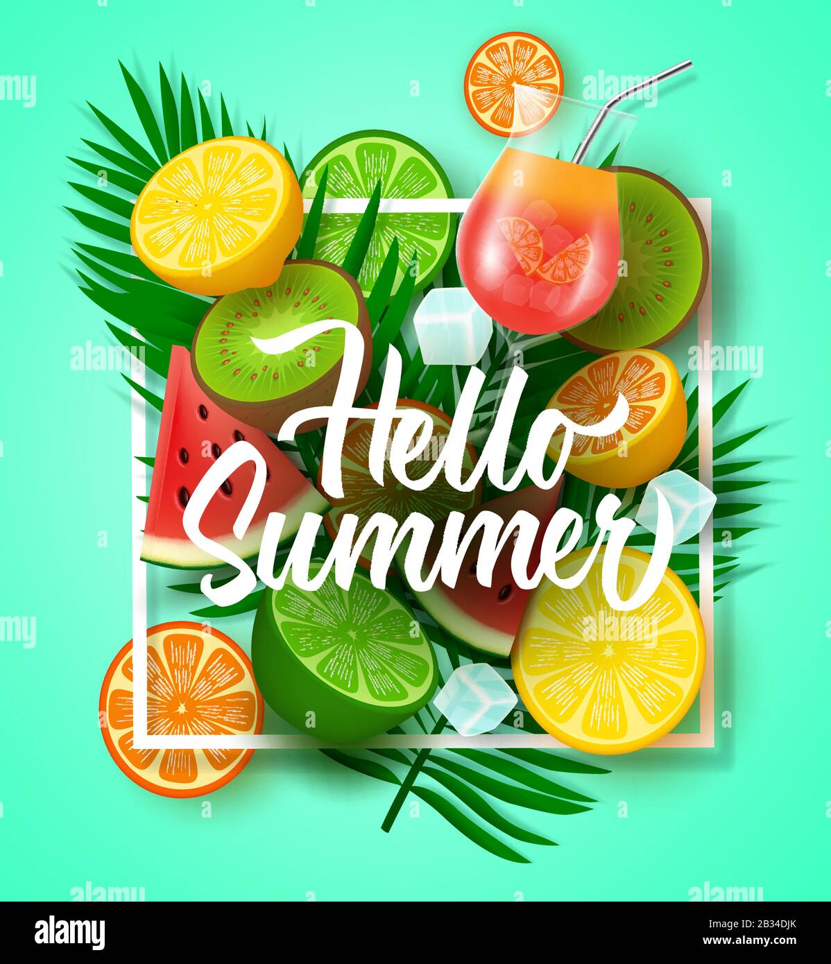 Hello summer vector design with tropical fruits. Hello summer text with tropical season fruit elements like lemon, watermelon, orange, kiwi. Stock Vector