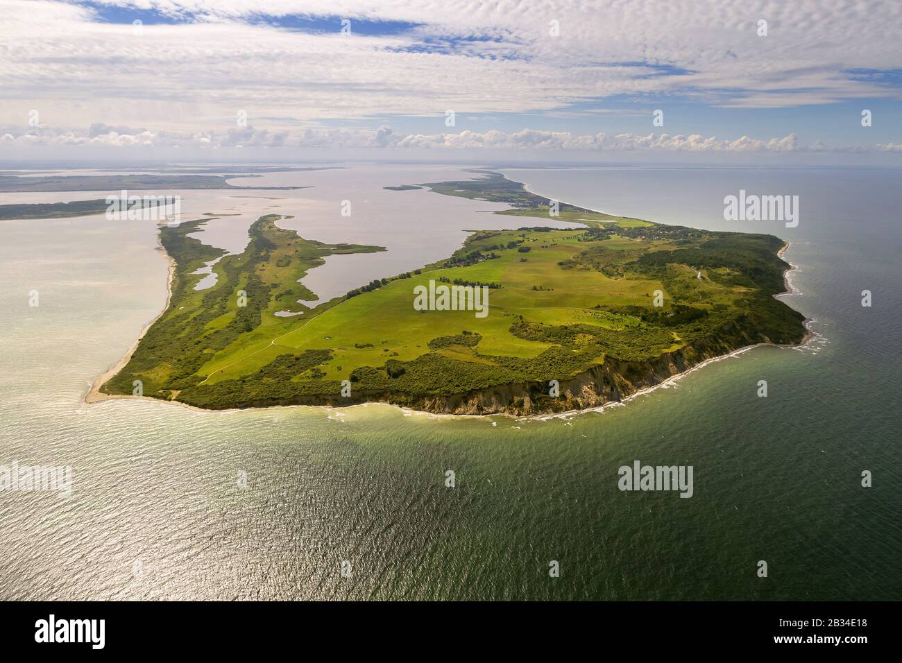 northern tip of the island Hiddensee with lighthous Dornbusch an village Kloster, 09.08.2012, aerial view , Germany, Mecklenburg-Western Pomerania Stock Photo