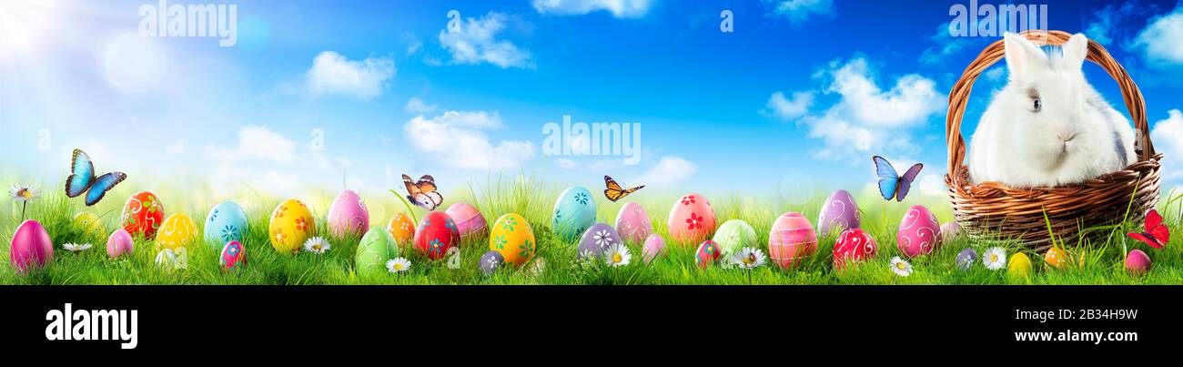 Easter Eggs And Adorable Bunny In Basket On Grass Stock Photo - Alamy