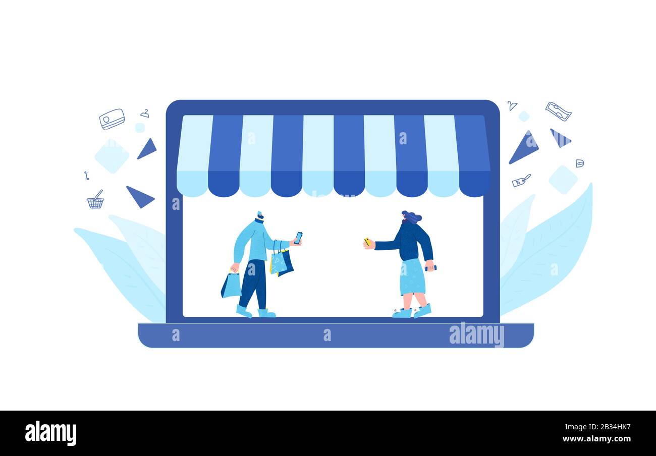 Online Shop Two Persons With Shopping Bags On Laptop Screen Digital