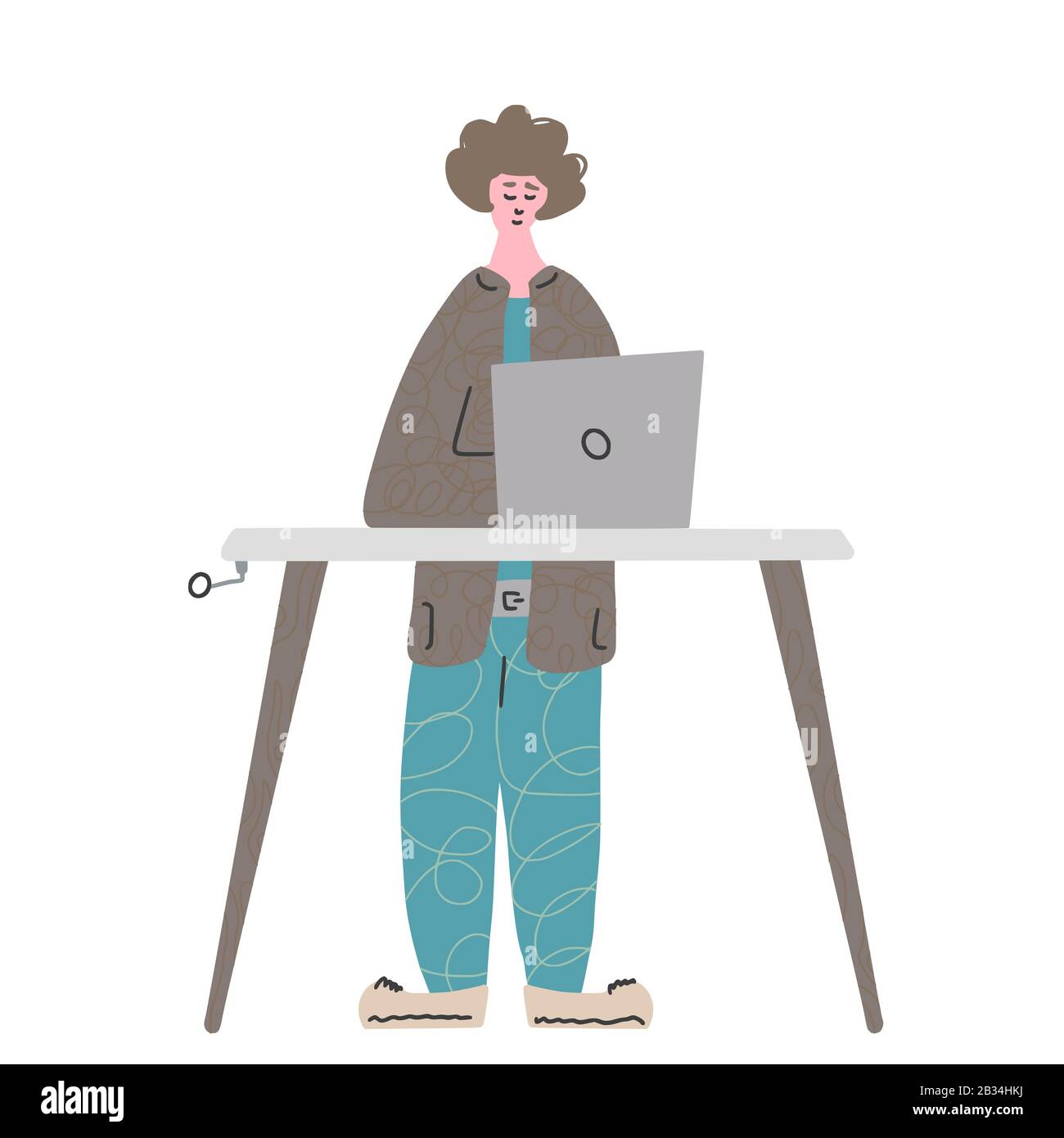 Cute boy standing at the desk with laptop isolated on white background.  Young man working at the table. Guy with computer. Vector flat cartoon  color i Stock Vector Image & Art 