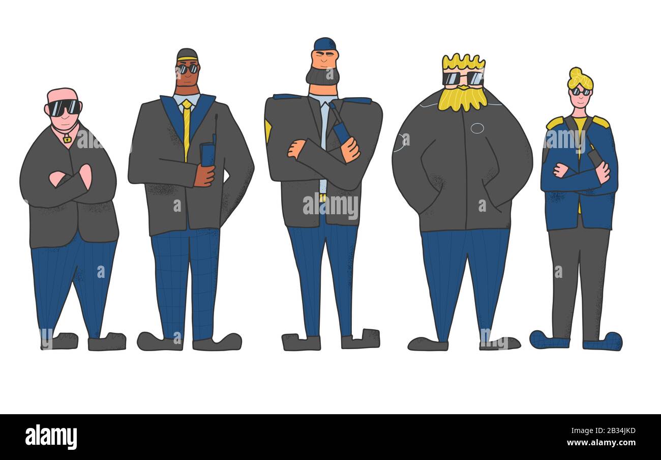 Security guards  group standing with arms crossed. Men and woman wearing in a guards uniform and sun glasses isolated on white background. Vector illu Stock Vector