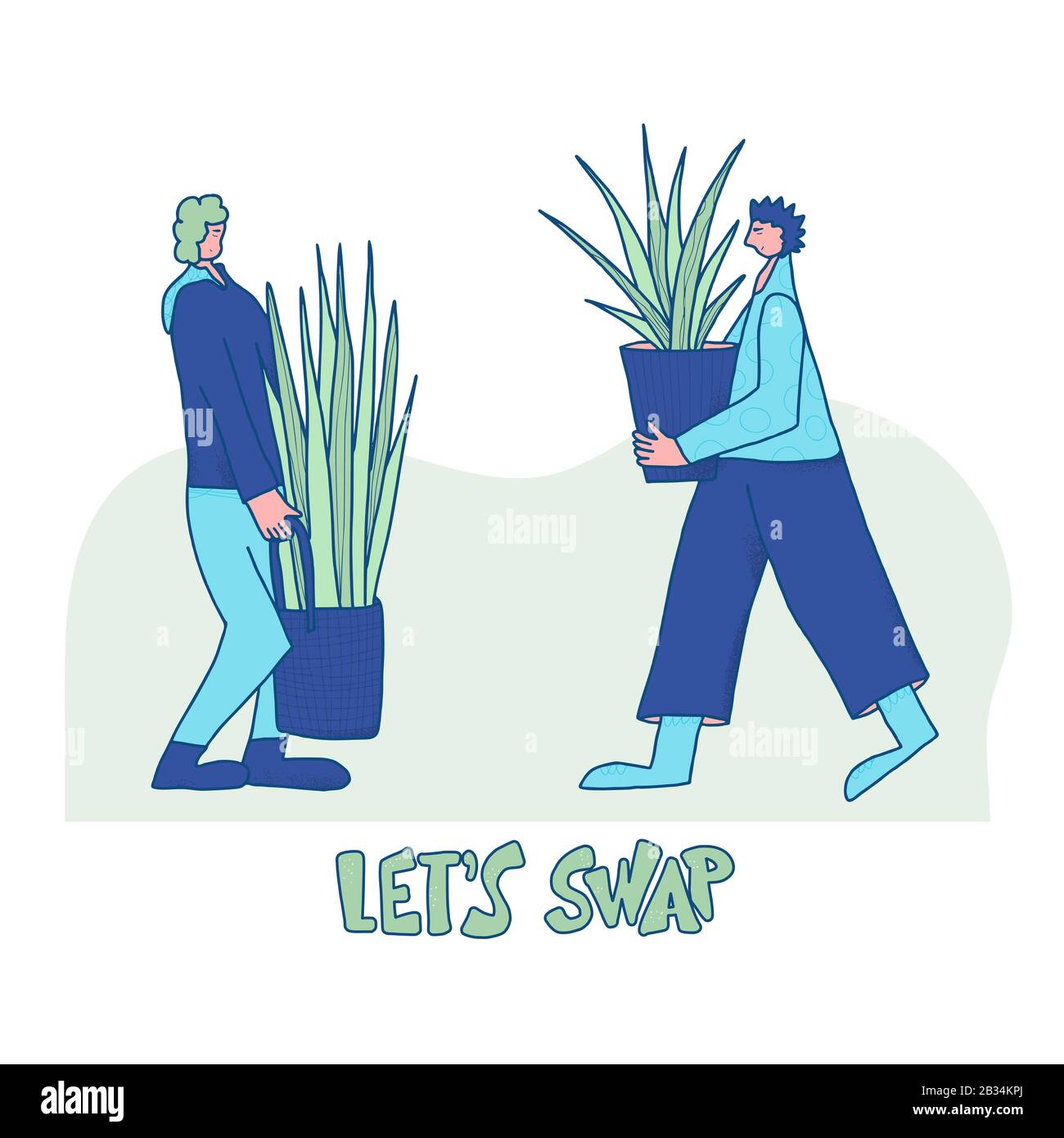 Lets swap. Plant lovers. Two houseplants owners event. Young persons wearing in casual clothes exchanging. Friends  spend weekend with their hobby. Ve Stock Vector