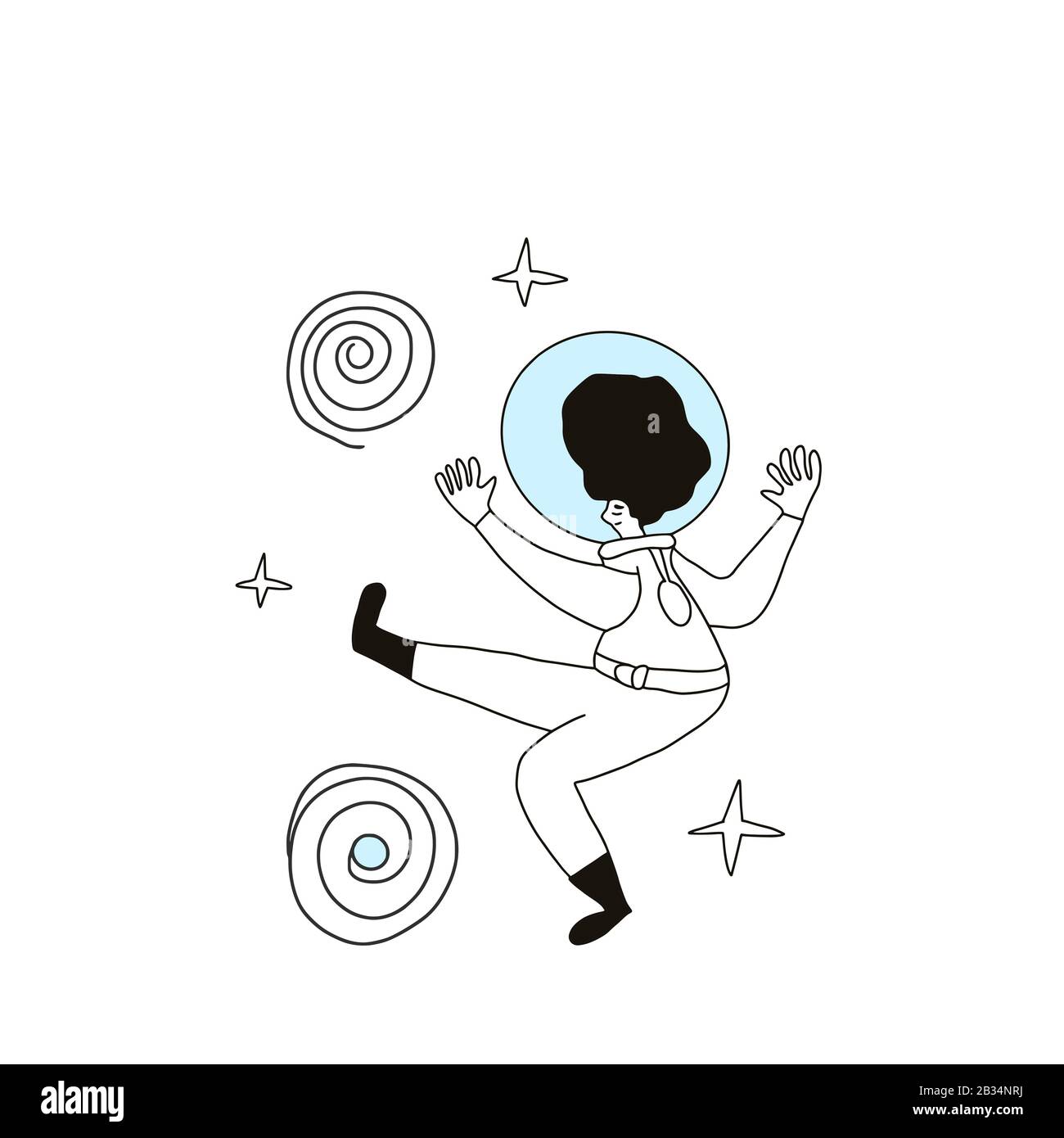 Female astronaut dressed in helmet isolated on white background. Young woman wearing an spacesuit floating in universe. spacewoman surrounded a stars. Stock Vector