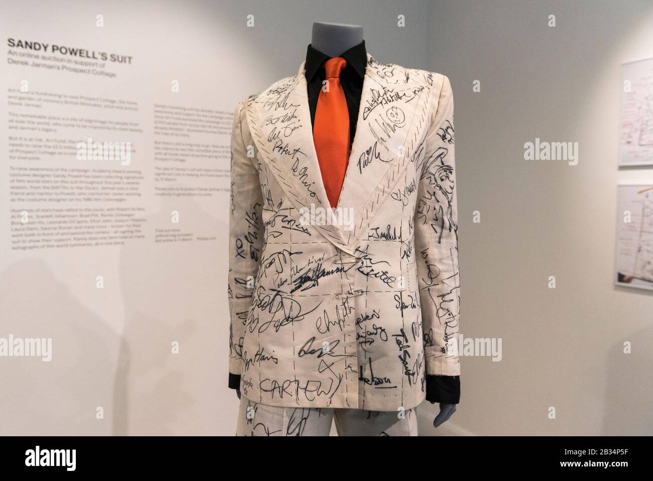 London, UK. 4 March 2020. A suit designed by Academy-Award winning costume  designer Sandy Powell is on display ahead of being offered for auction at  Phillips, Berkeley Square. Worn by Powell at