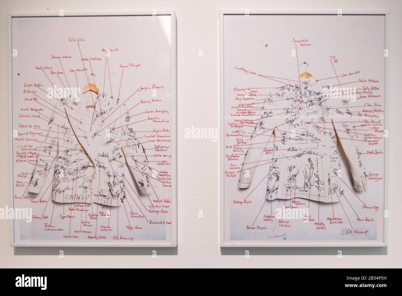 London, UK.  4 March 2020. Annotations to identify stars' autographs. A suit designed by Academy-Award winning costume designer Sandy Powell is on display ahead of being offered for auction at Phillips, Berkeley Square.  Worn by Powell at the 2020 BAFTAs and Oscars, the cream calico toile suit includes autographs from over 100 movie stars.   Proceeds will go towards Art Fund's public appeal to save and protect Prospect Cottage in Dungeness, Kent, home of filmmaker Derek Jarman. Credit: Stephen Chung/Alamy Live News Stock Photo