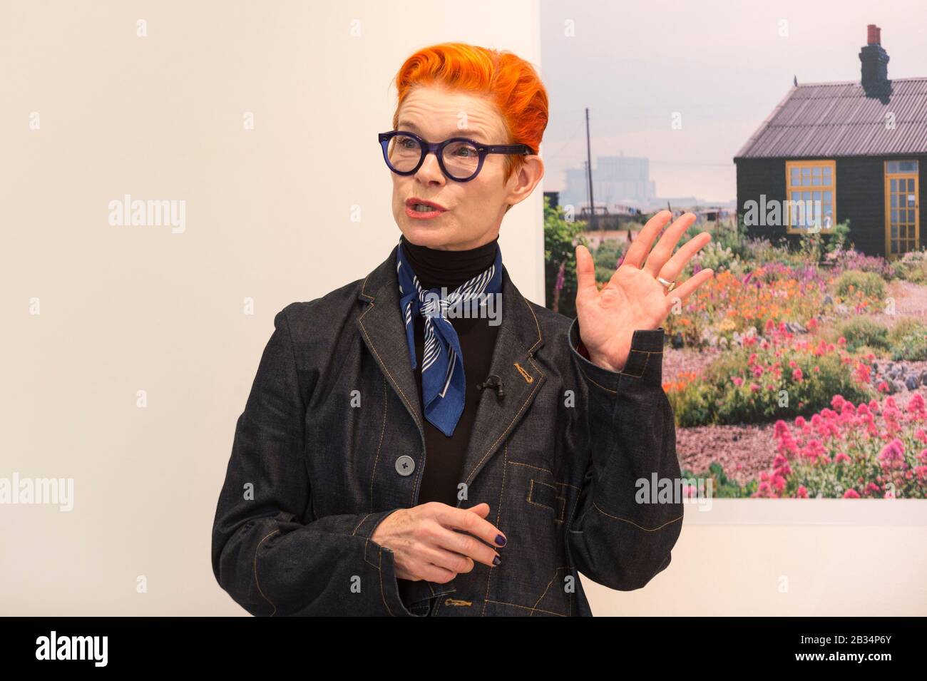 London, UK.  4 March 2020. Academy-Award winning costume designer Sandy Powell at the presentation of her suit ahead of being offered for auction at Phillips, Berkeley Square.  Worn by Powell at the 2020 BAFTAs and Oscars, the cream calico toile suit includes autographs from over 100 movie stars.   Proceeds will go towards Art Fund's public appeal to save and protect Prospect Cottage in Dungeness, Kent, home of filmmaker Derek Jarman.  The online auction runs 4 to 11 March 2020. Credit: Stephen Chung/Alamy Live News Stock Photo