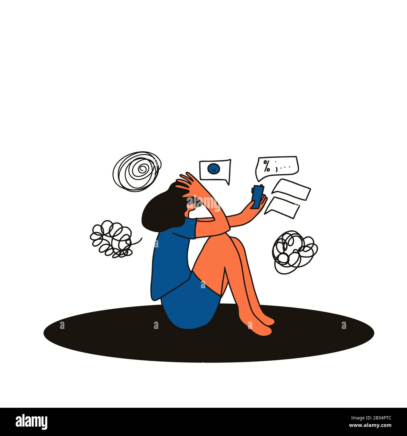 Image showcasing Digital information overload. Young female person sitting on the floor ...