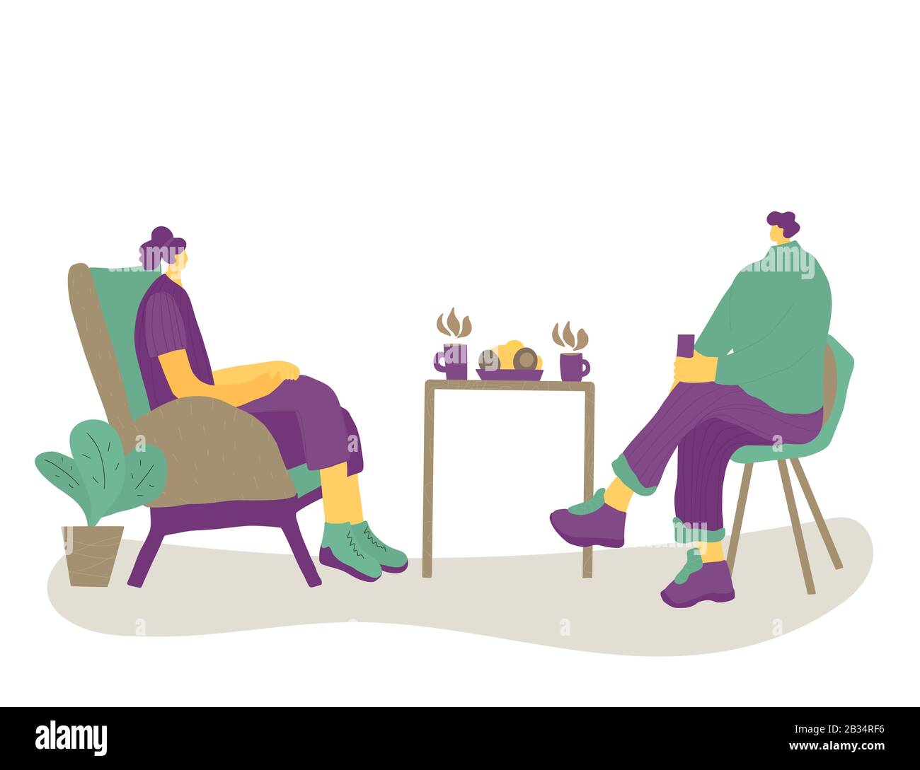 Friends meeting. Two charcters drinking tea together. Male and female persons sitting in the chair and talking about life. Man and woman having a conv Stock Vector