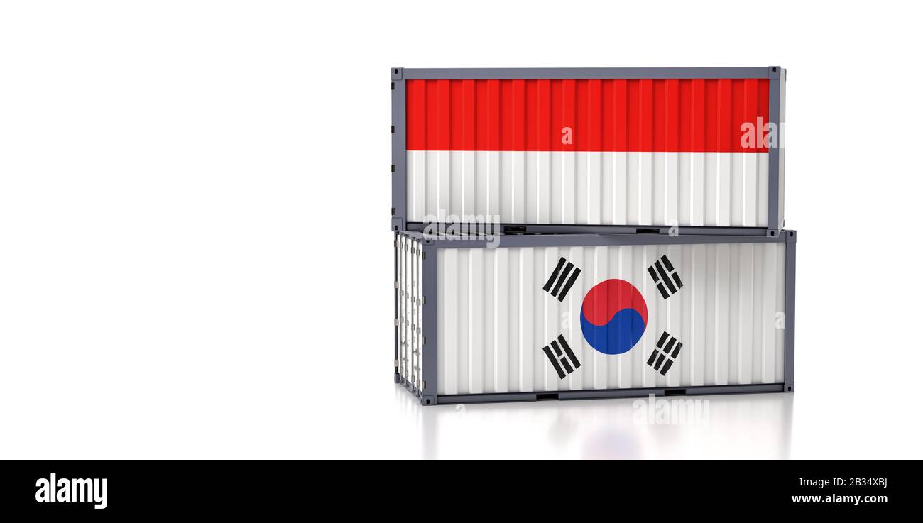 Shipping containers with Indonesia and South Korea flag. 3D Rendering Stock Photo