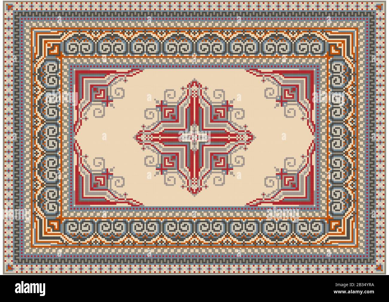 Luxurious ethnic carpet with beige and red ornaments along the edges ...