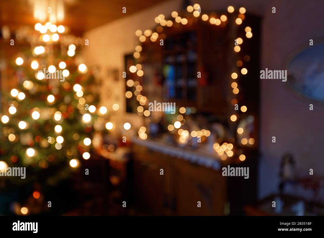 Blurred Family Room Illumination in Christmas Time Stock Photo