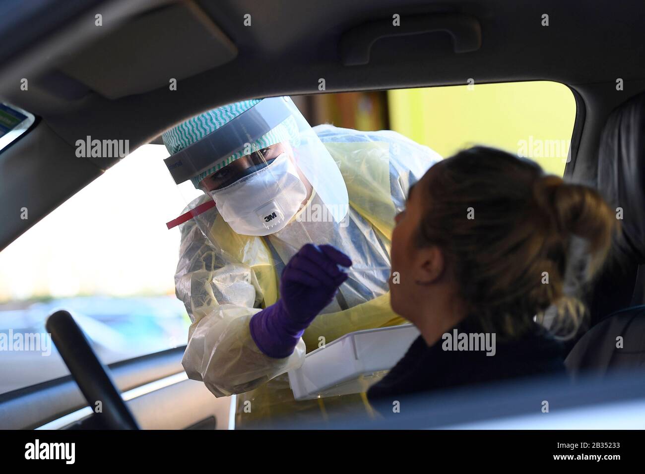 An Emergency Department Nurse during a demonstration of the Coronavirus pod and COVID-19 virus testing procedures set-up beside the Emergency Department of Antrim Area Hospital, Co Antrim in Northern Ireland. PA Photo. Picture date: Wednesday March 4, 2020. See PA story HEALTH Coronavirus Ulster. Photo credit should read: Michael Cooper/PA Wire Stock Photo