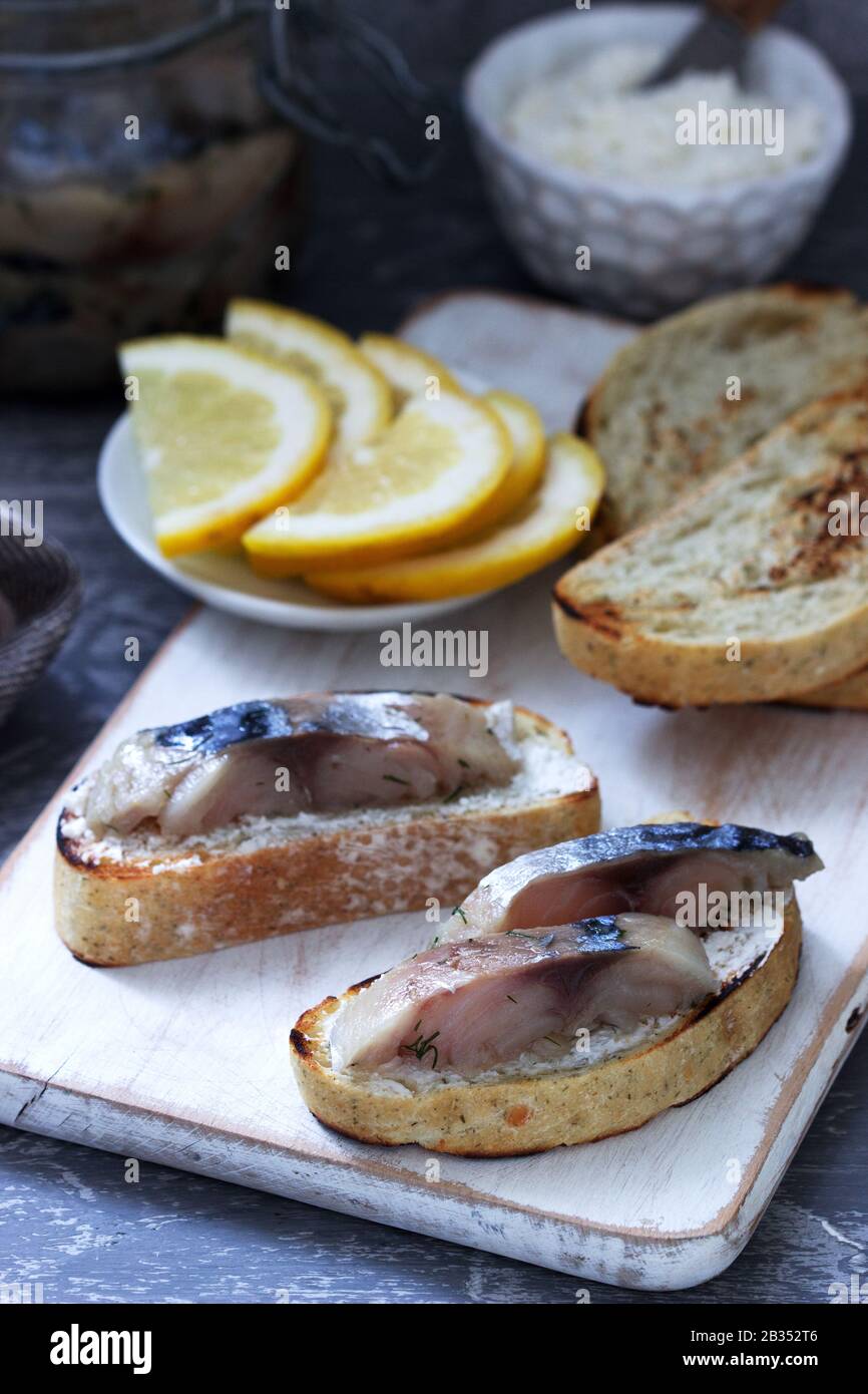 Sandwiches with cottage cheese and gravlax from mackerel, served with