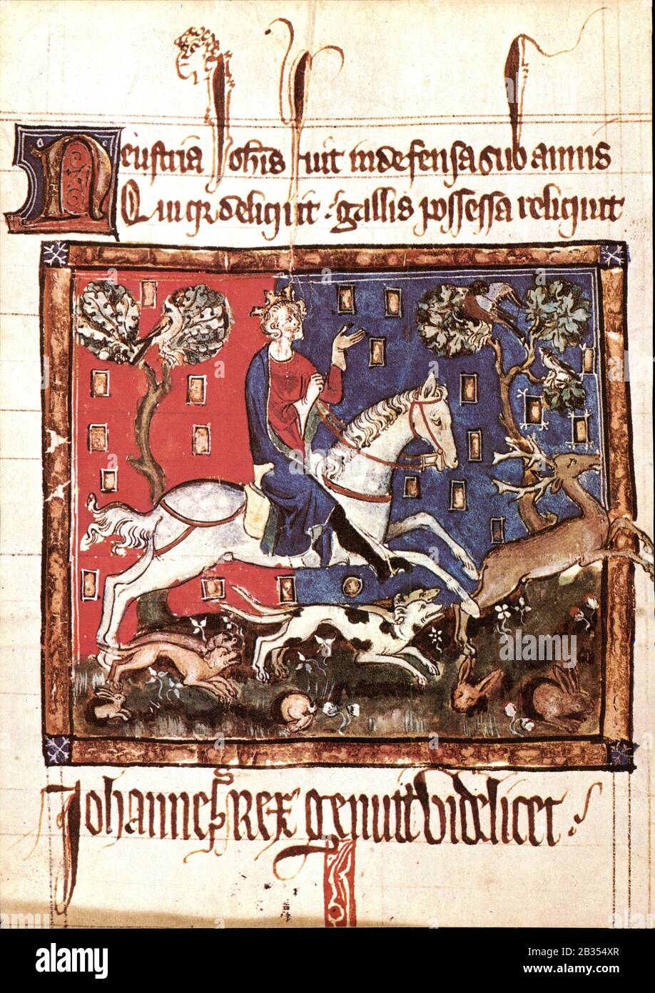 King John hunting a stag from an early-fourteenth-century manuscript. Stock Photo