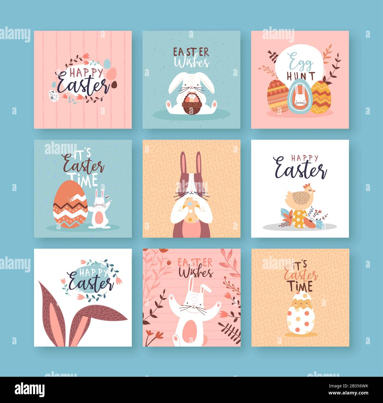 Happy Easter greeting card set of cute funny rabbit animals, eggs and floral decoration in hand drawn style. Flat cartoon character illustration colle Stock Vector