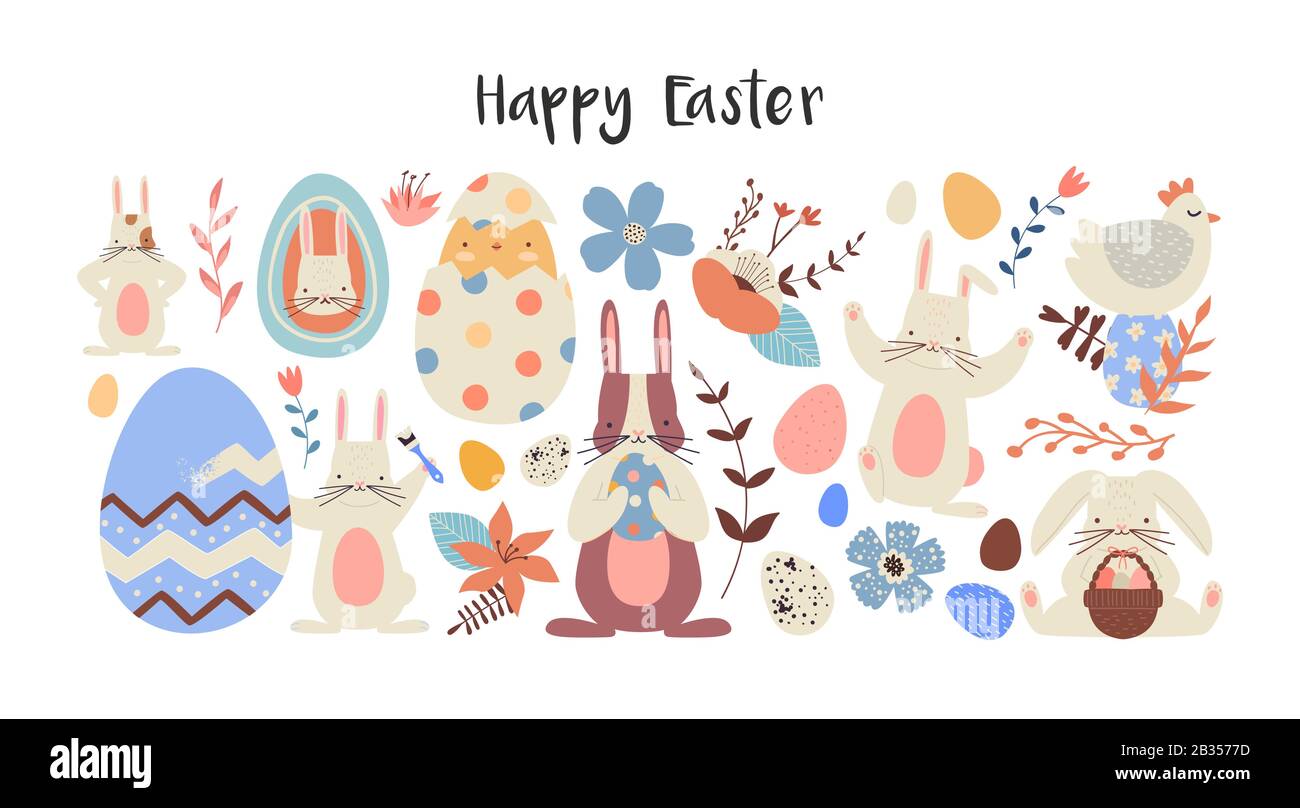 Happy Easter element set of funny rabbit animals, eggs and floral decoration in cute children cartoon style. Flat hand drawn icon illustration collect Stock Vector