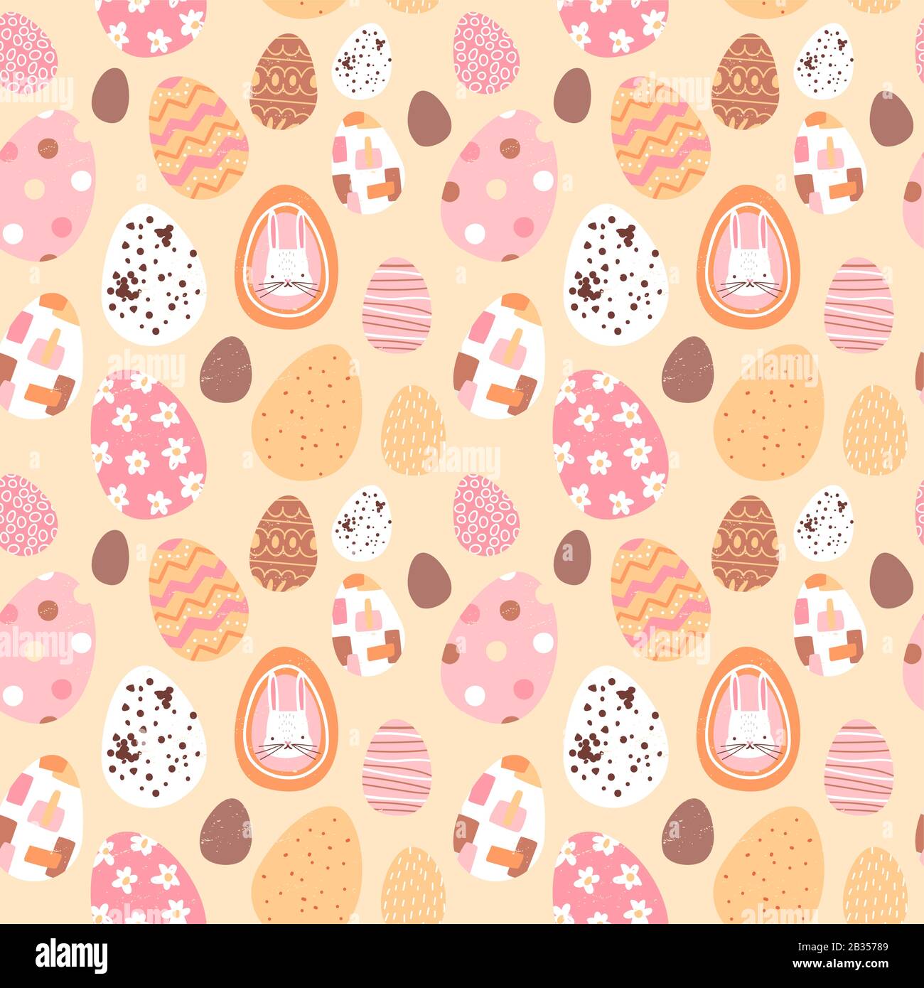 Easter egg seamless pattern with cute hand drawn rabbit, farm eggs and spring decoration. Festive holiday background for traditional event. Stock Vector