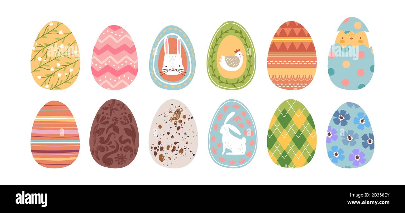 Happy easter season set, traditional painted eggs on isolated white background. Hand drawn egg collection with cute children style decoration of rabbi Stock Vector
