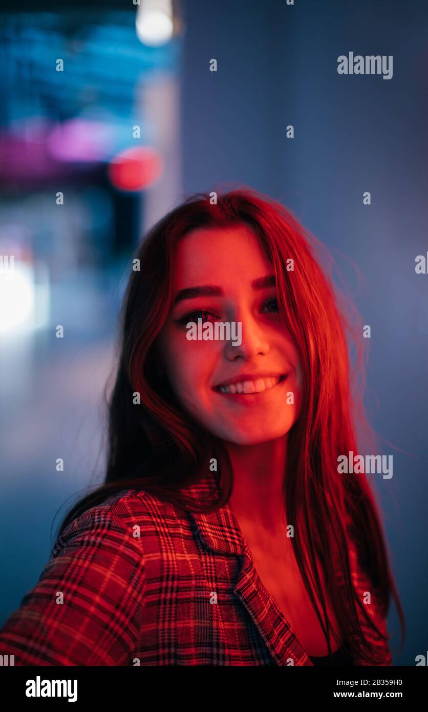 Night Portrait Of Young Woman,different light Stock Photo