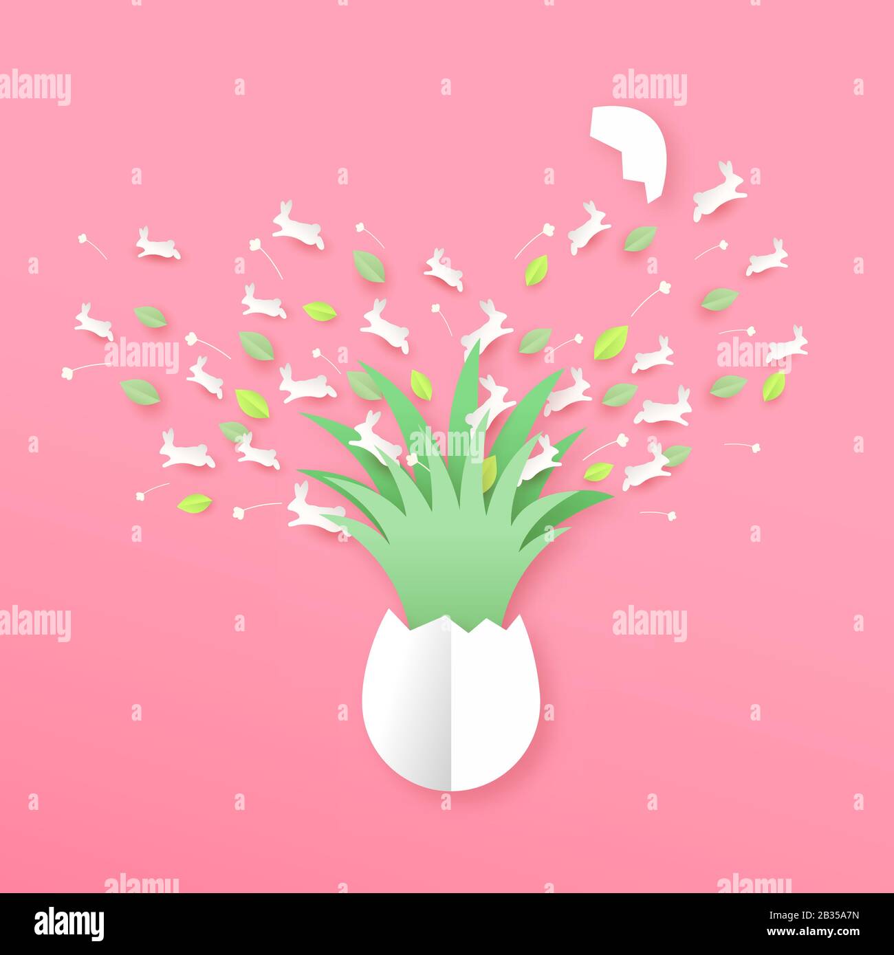 Easter season concept in 3d papercut style. Dynamic open egg with funny paper craft rabbit animals jumping and spring cutout decoration on isolated ba Stock Vector