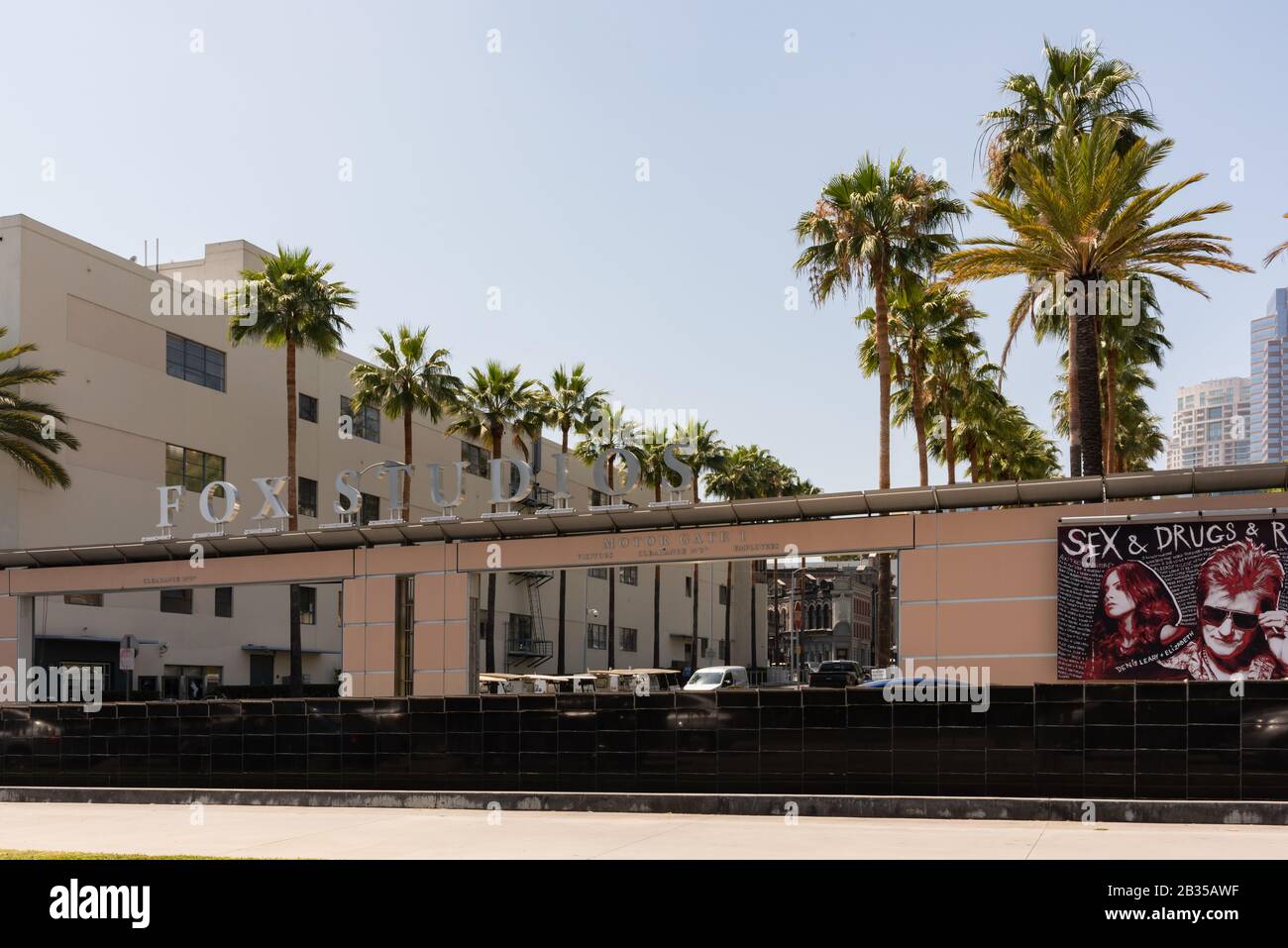 The entrance to Fox Studios in Century City, California where many famous movies and television shows have been created. Stock Photo