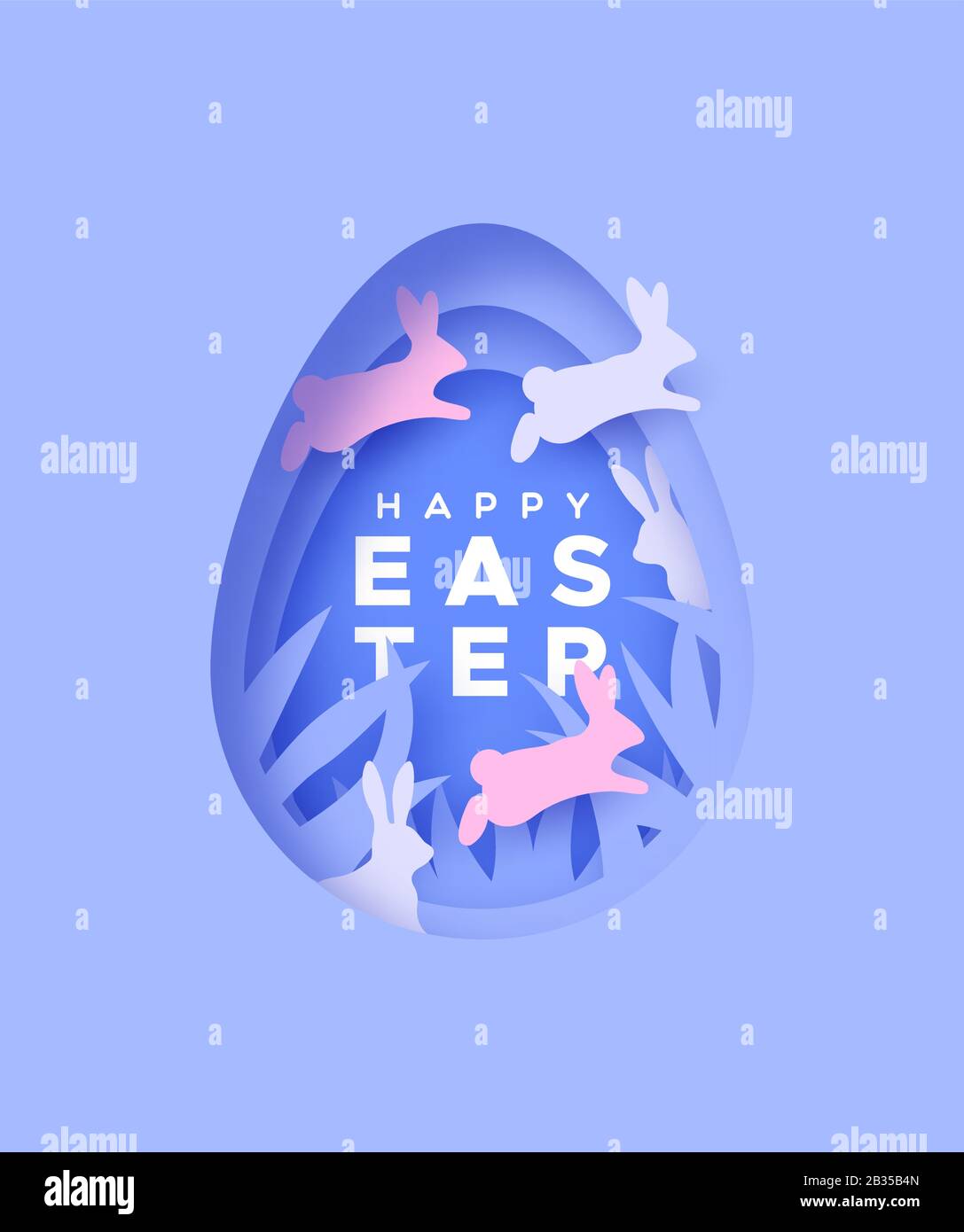 Happy Easter papercut greeting card of egg with paper cut jumping rabbit, nature decoration and festive text quote. Realistic 3d holiday cutout craft Stock Vector