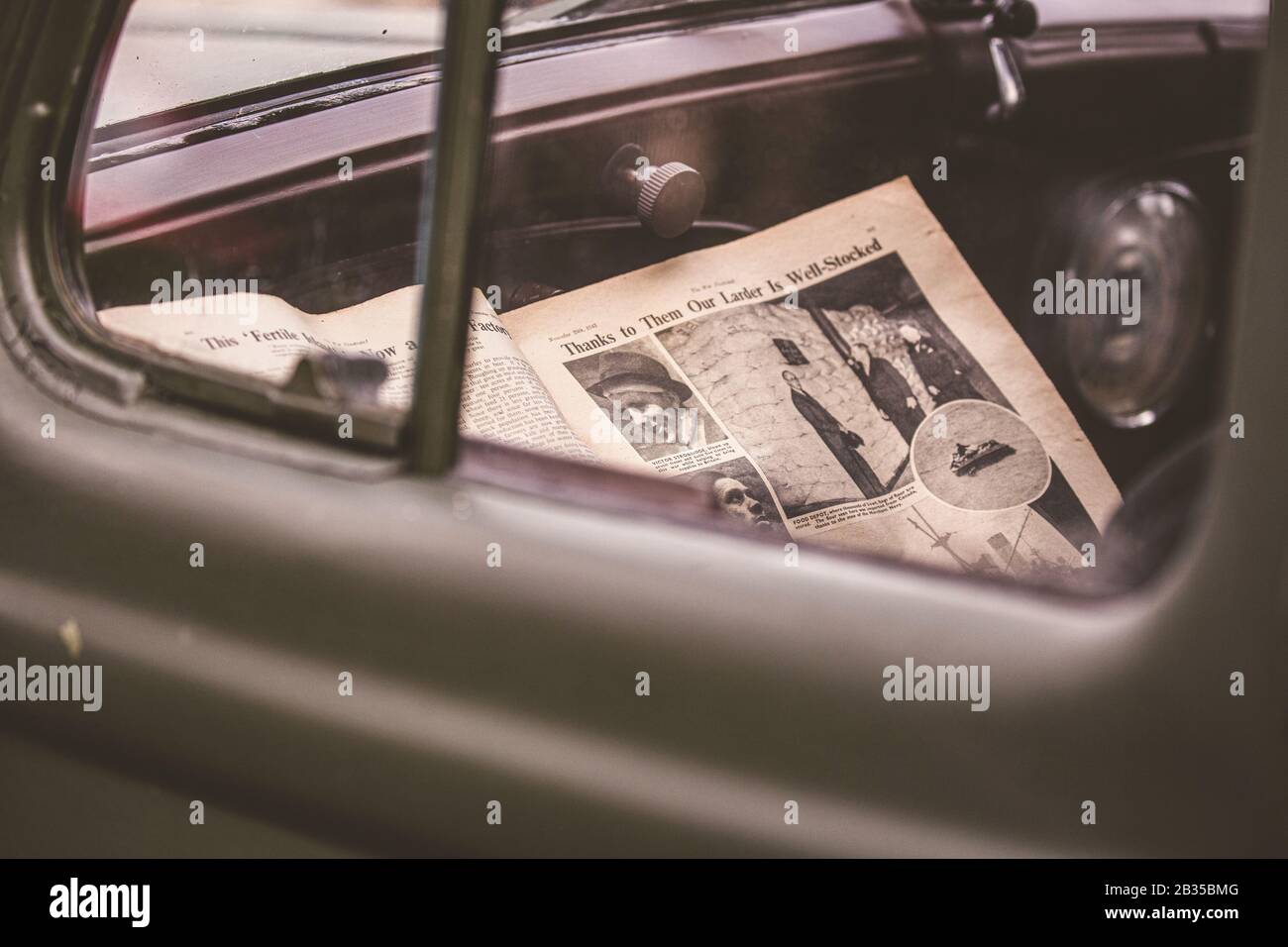 Interior of an old British Classic car focusing on the interior dials