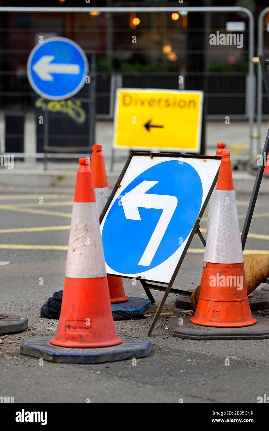 London, England, UK. Diversion traffic signs in central London Stock Photo