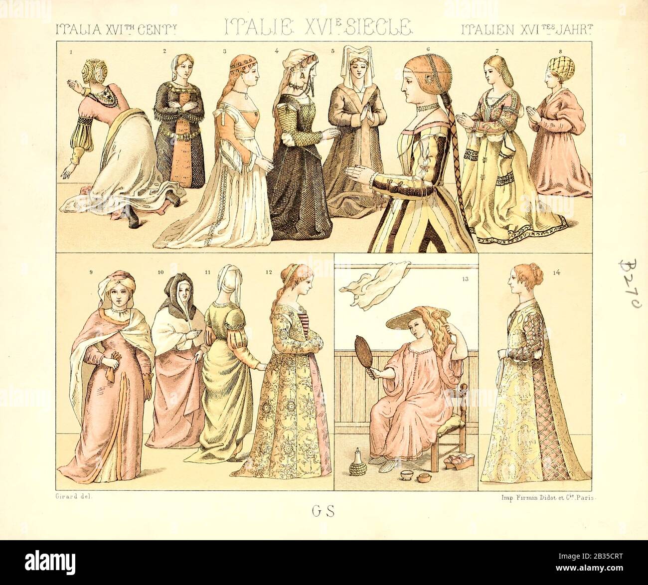 Ancient Italian fashion and lifestyle, 16th century from Geschichte des  kostums in chronologischer entwicklung (History of the costume in  chronological development) by Racinet, A. (Auguste), 1825-1893. and  Rosenberg, Adolf, 1850-1906, Volume 3