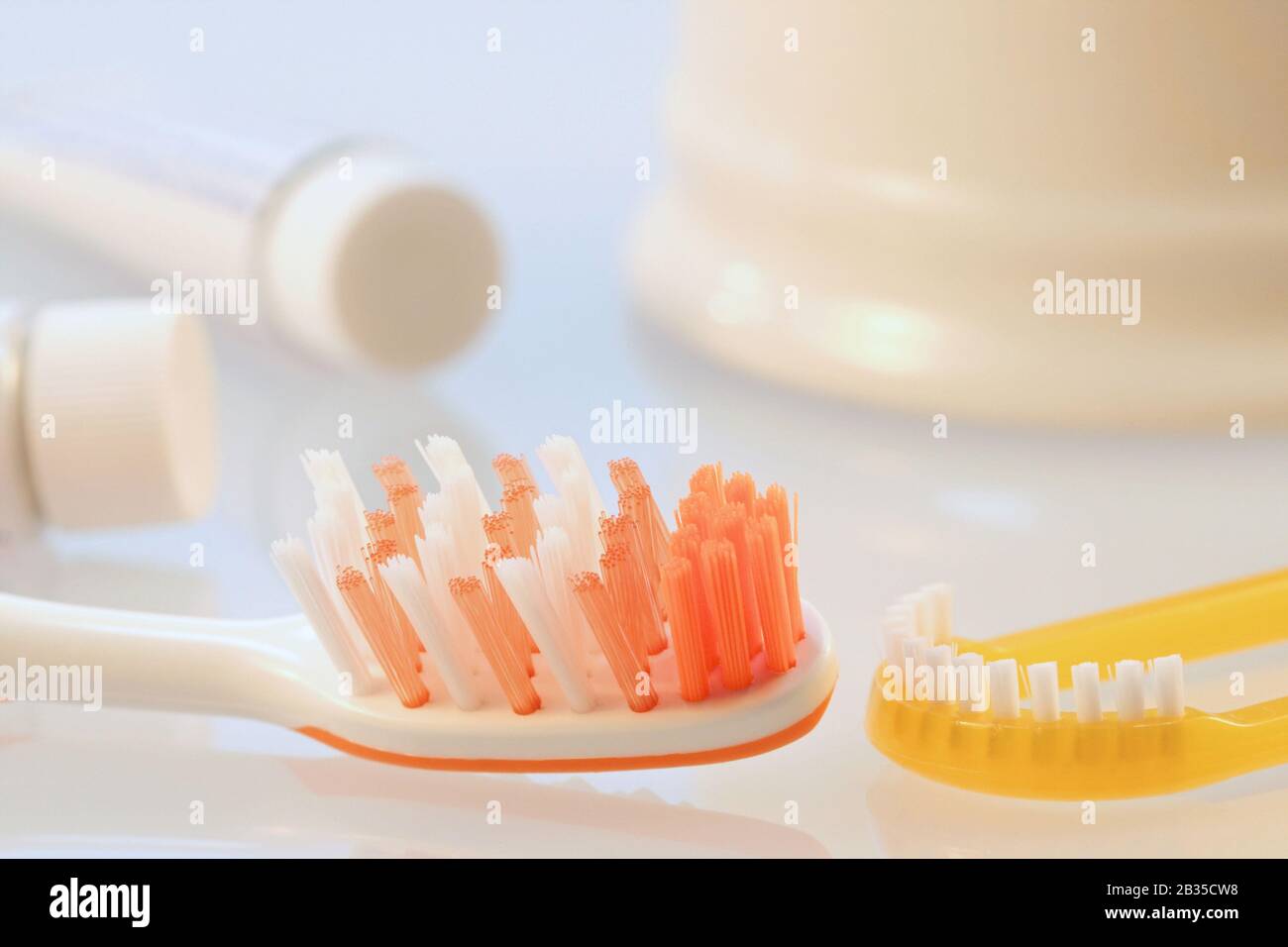 Oral Hygiene different tools of oral hygiene in bathroom Stock Photo