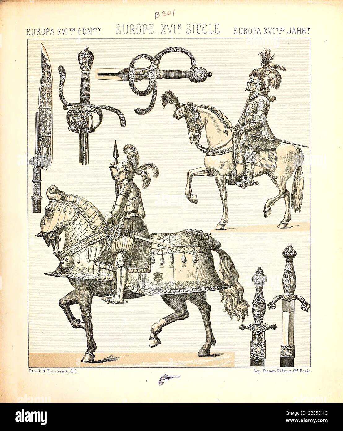 15th century knights and armour illustration from Geschichte des kostums in chronologischer entwicklung (History of the costume in chronological development) by Racinet, A. (Auguste), 1825-1893. and Rosenberg, Adolf, 1850-1906, Volume 3 printed in Berlin in 1888 Stock Photo