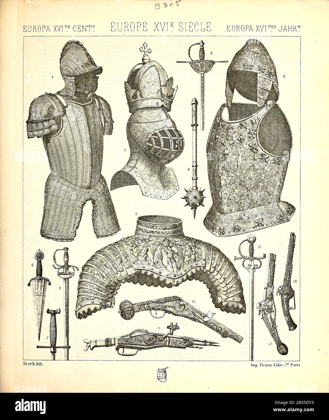 15th century knights and armour illustration from Geschichte des kostums in chronologischer entwicklung (History of the costume in chronological development) by Racinet, A. (Auguste), 1825-1893. and Rosenberg, Adolf, 1850-1906, Volume 3 printed in Berlin in 1888 Stock Photo