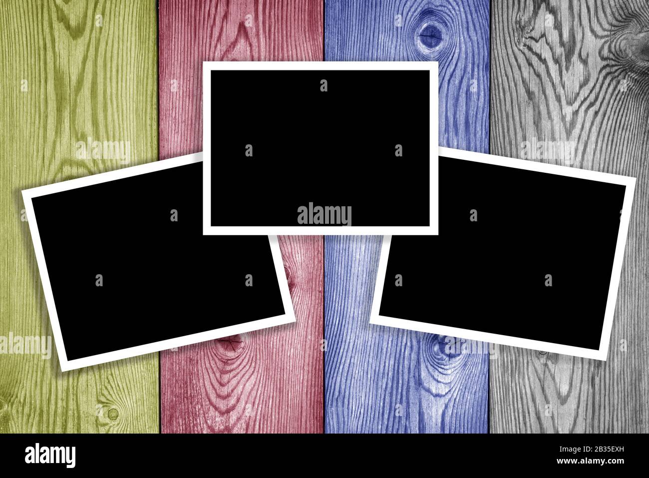 wood color panel with three photos Stock Photo