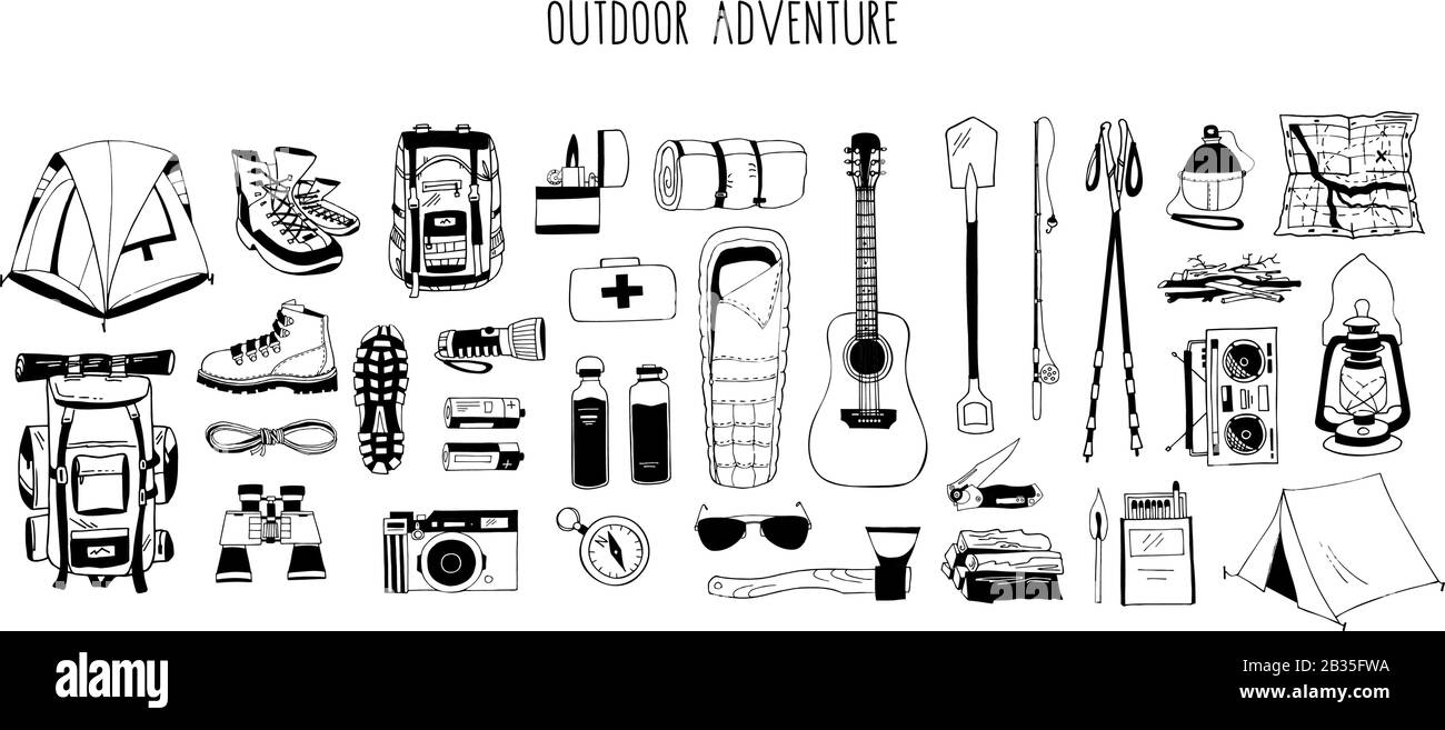 Set of monochrome vector elements isolated on white. Hiking gear for ...
