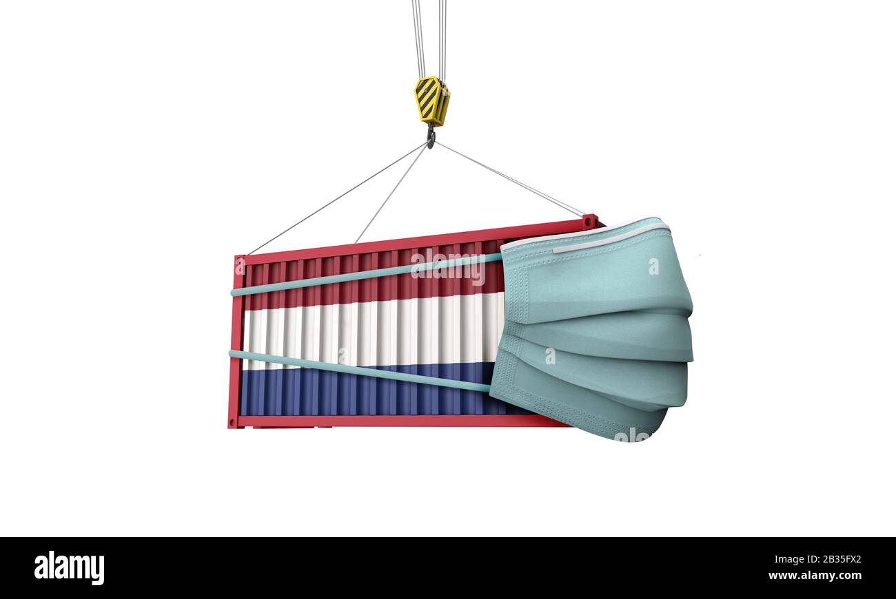 Netherlands flag cargo shipping container with protective mask. 3D ...
