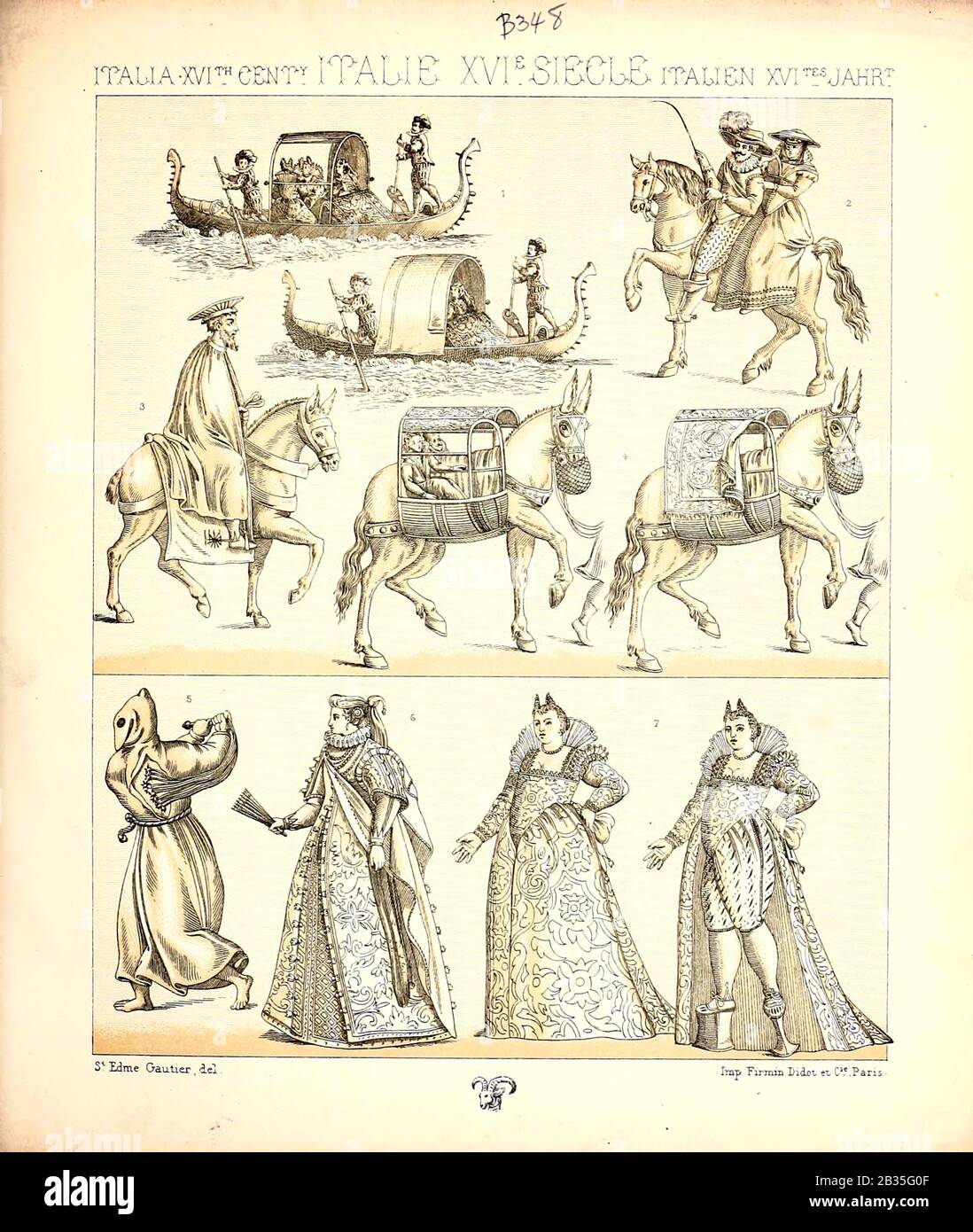 Ancient Italian fashion and lifestyle, 16th century from Geschichte des kostums in chronologischer entwicklung (History of the costume in chronological development) by Racinet, A. (Auguste), 1825-1893. and Rosenberg, Adolf, 1850-1906, Volume 3 printed in Berlin in 1888 Stock Photo