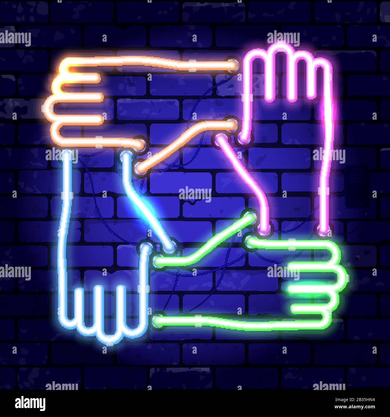 Neon Signboard Teamwork or Hands Friends Stock Vector