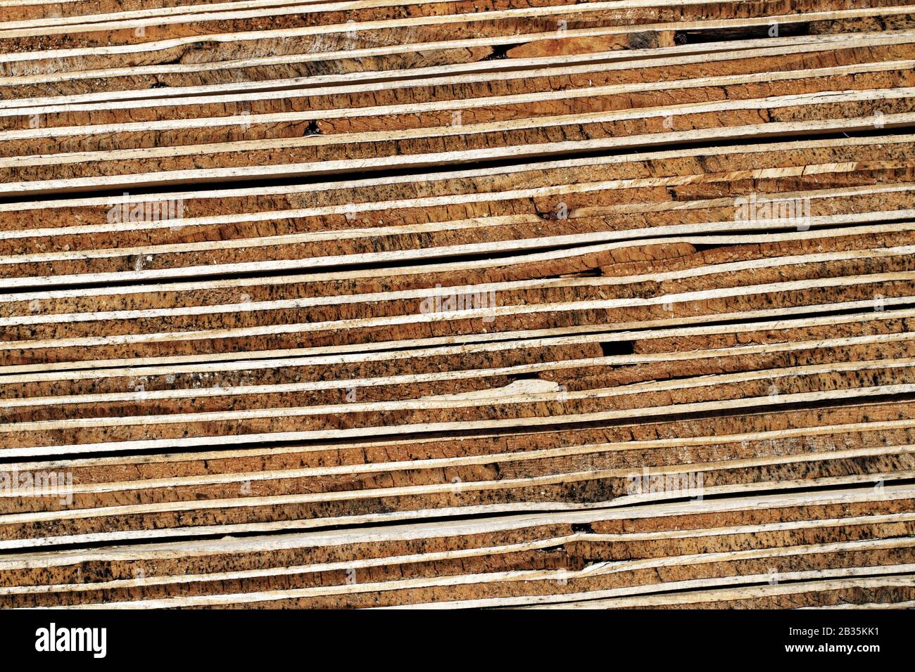 Plywood Layer: detailed timber background showing a detailed seven-ply plywood stack's cross section closeup view Stock Photo