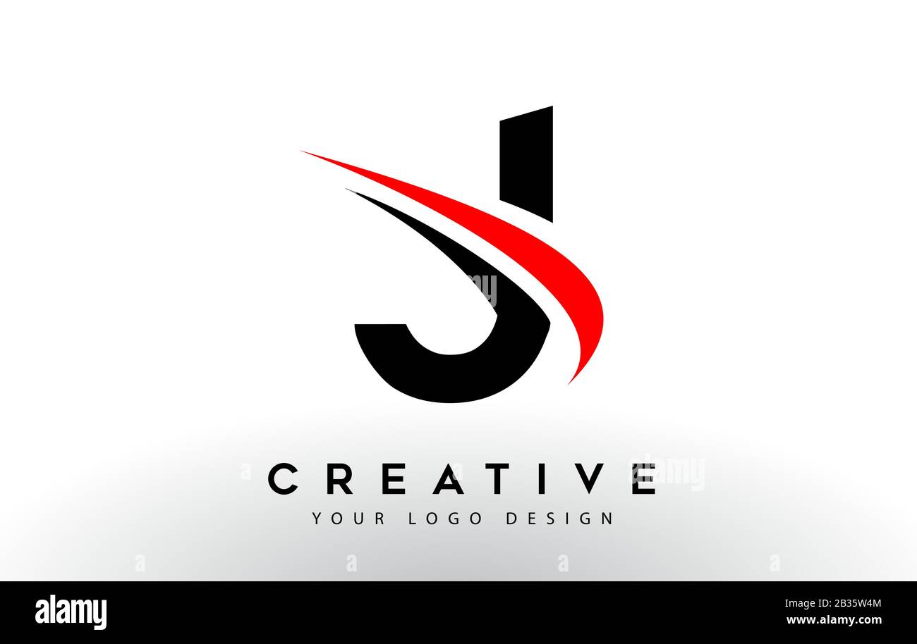 Black And Red Creative J Letter Logo Design with Swoosh Icon Vector Illustration. Stock Vector