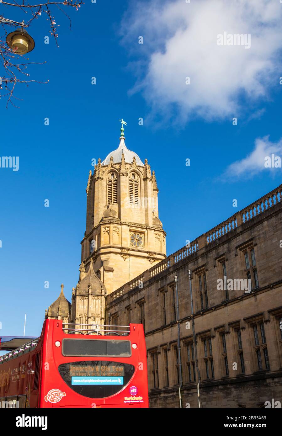Tom Tower, part of Christ Church College, Oxford on a Bright and Sunny March Morning with Blue Sky Stock Photo