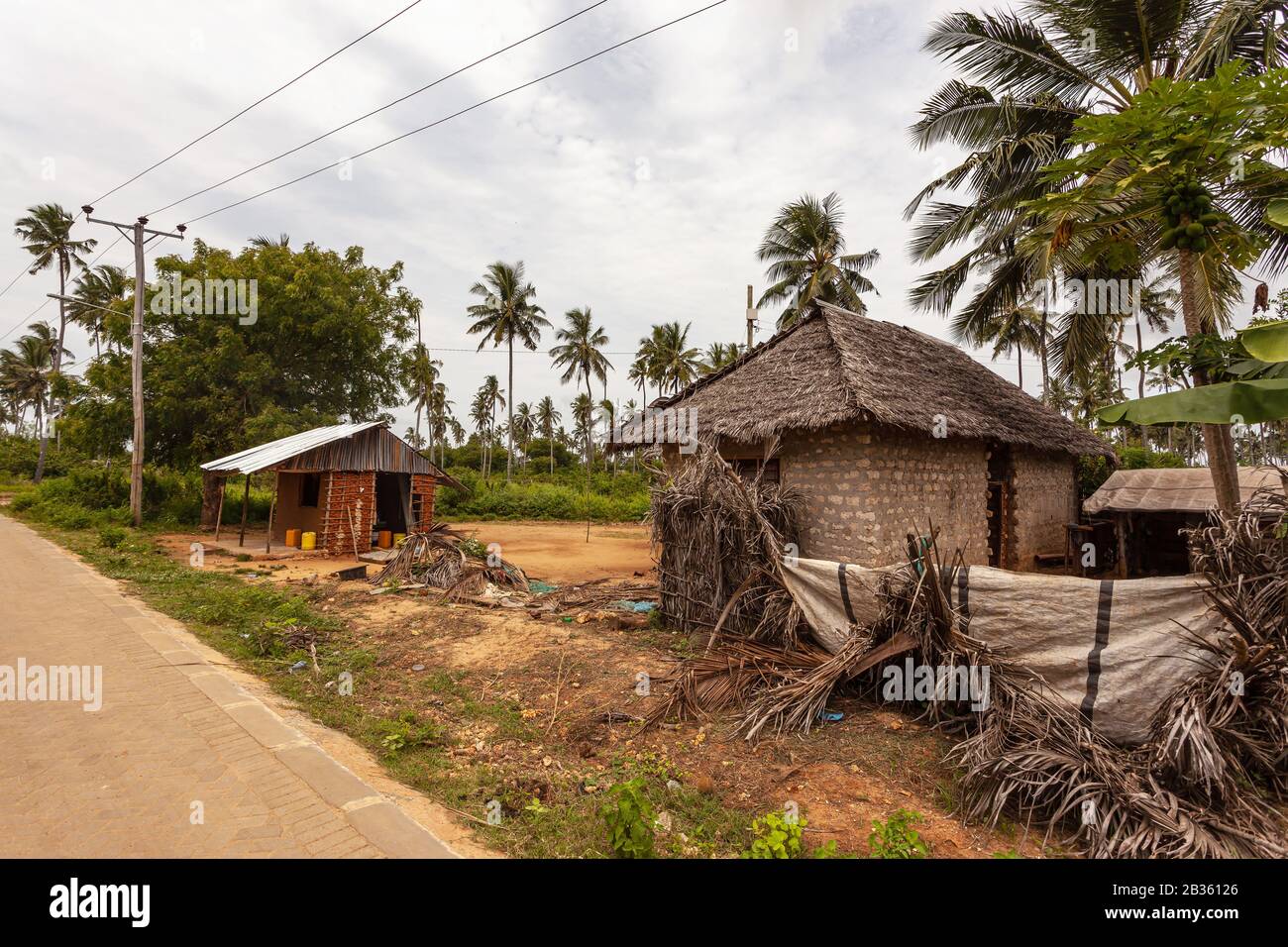 Rural homes in a village in East Kenya, next to a road, with trees (including palms) in background Stock Photo