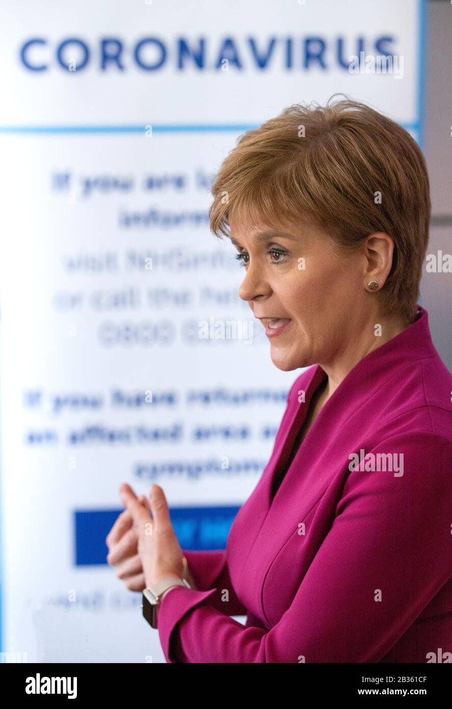 First Minister Nicola Sturgeon speaking during a visit to the NHS 24 contact centre at the Golden Jubilee National Hospital in Glasgow to meet staff supporting Scotland’s public information response to coronavirus (COVID-19). Stock Photo