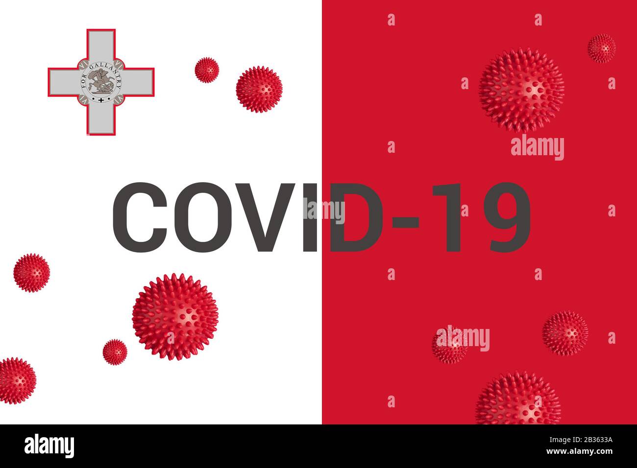 Inscription COVID-19 on flat Maltese flag. Concept of attention about spread of Chinese Coronavirus COVID-19 Novel Coronavirus Pneumonia virus around world Stock Photo