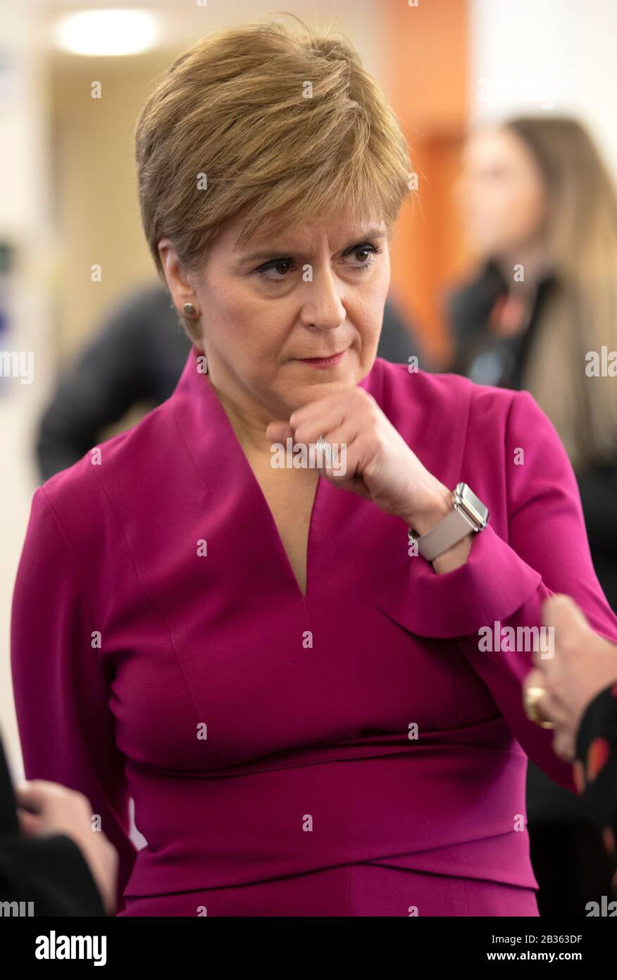 First Minister Nicola Sturgeon during a visit to the NHS 24 contact centre at the Golden Jubilee National Hospital in Glasgow to meet staff supporting Scotland’s public information response to coronavirus (COVID-19). Stock Photo