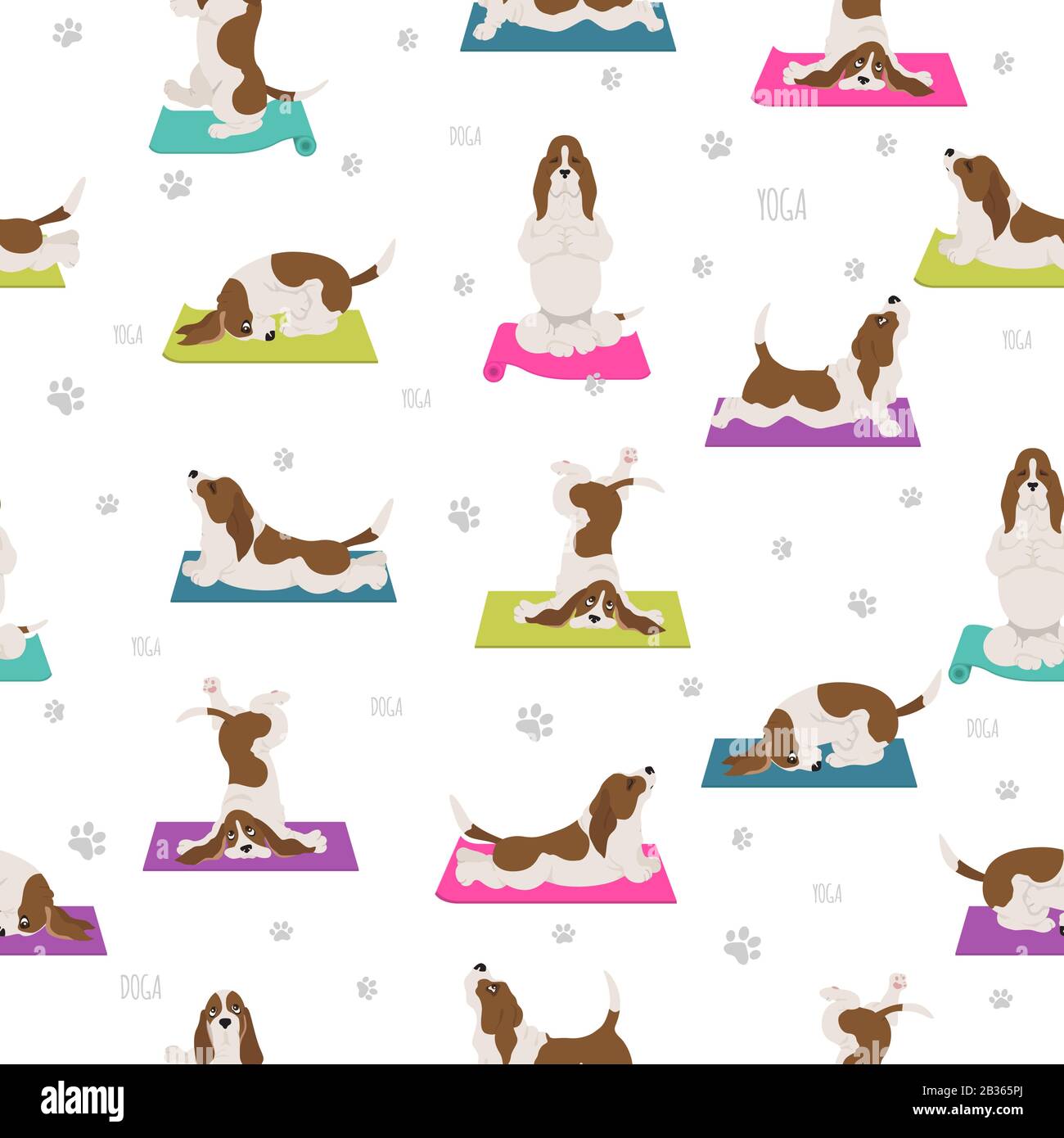 Yoga dogs poses and exercises. Basset hound seamless pattern. Vector