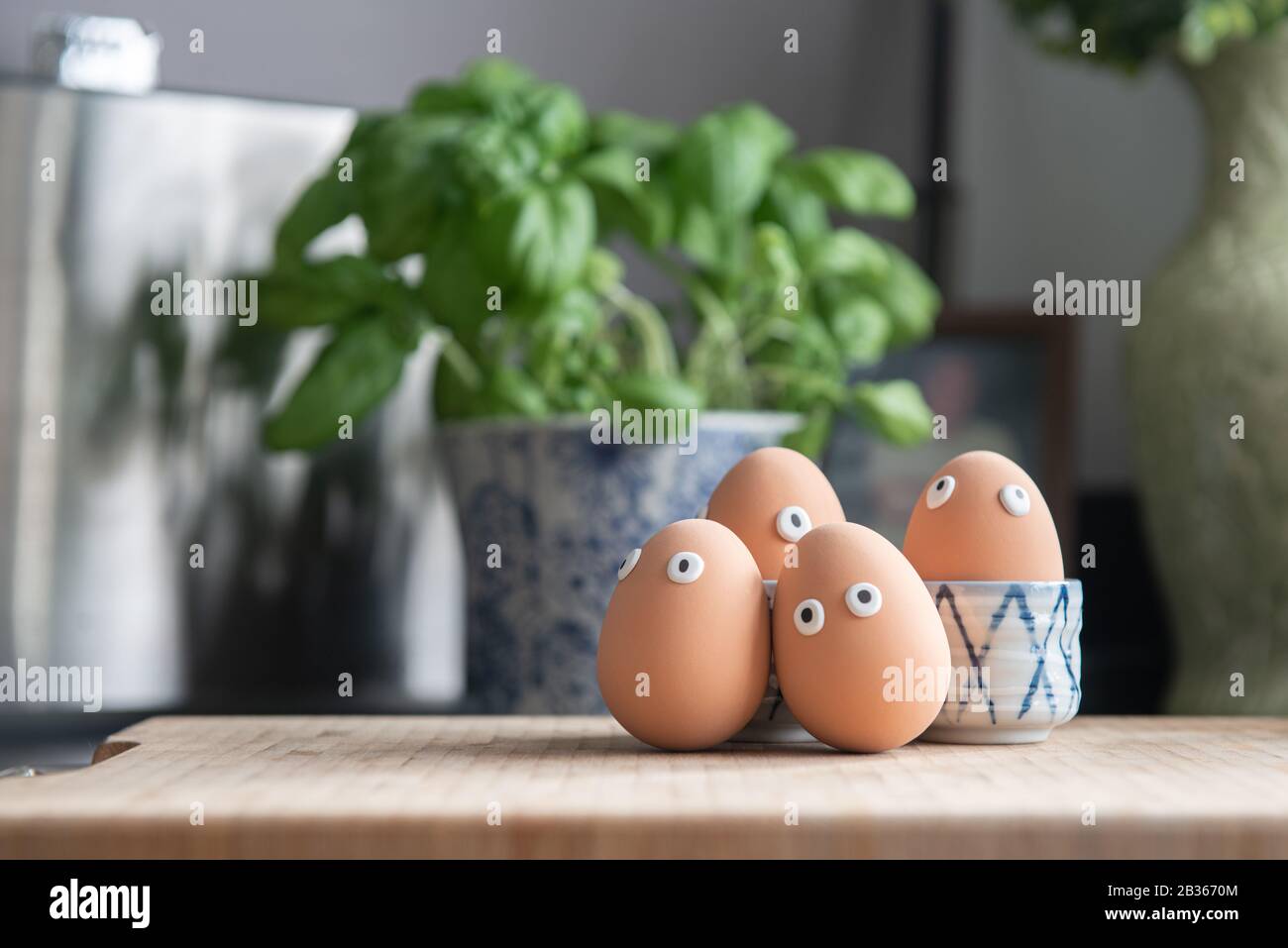 Happy Easter eggs in the kitchen among the spring grass with flowers, Easter egg hunt, egg characters with funny faces, Happy Easter concept, kitchen Stock Photo
