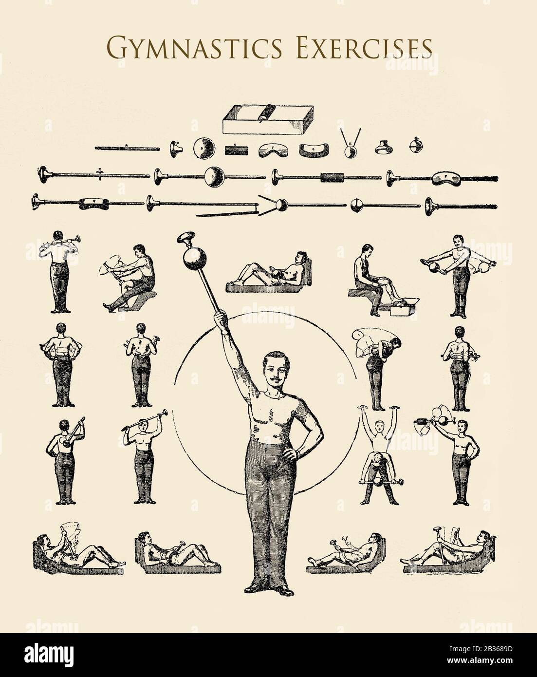 Healthcare and medicine: gymnastic exercises with gears and equipment, illustrated table 19th century Stock Photo