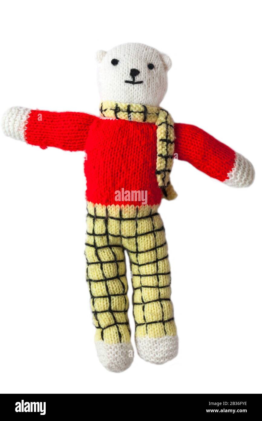 Knitted Rupert Bear soft toy isolated on white background Stock Photo
