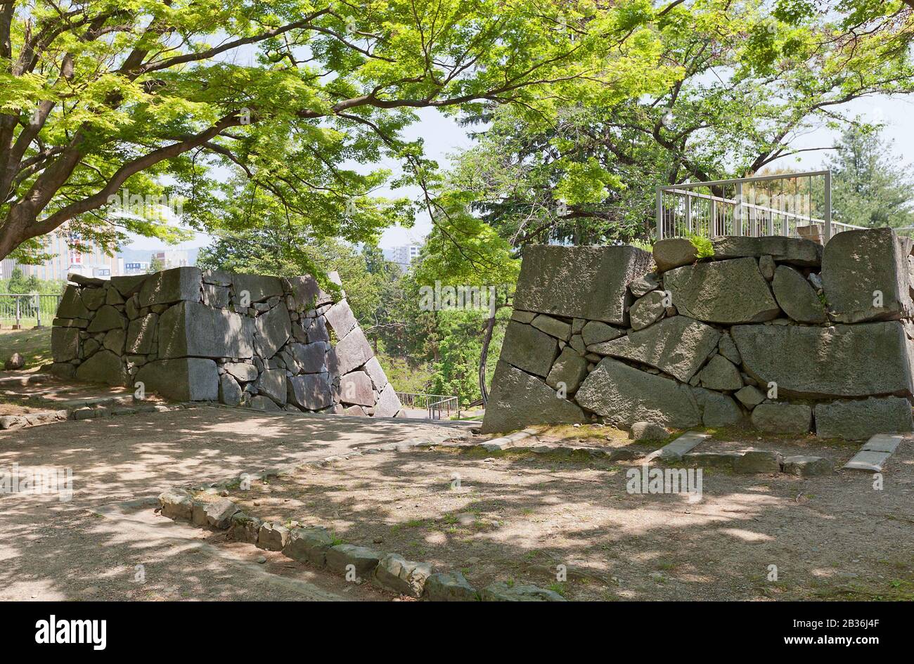 Site of former gate of Morioka castle, constructed in 1633 and dismantled in 19th c. Today is National Historic Site of Japan and part of Iwate Park Stock Photo